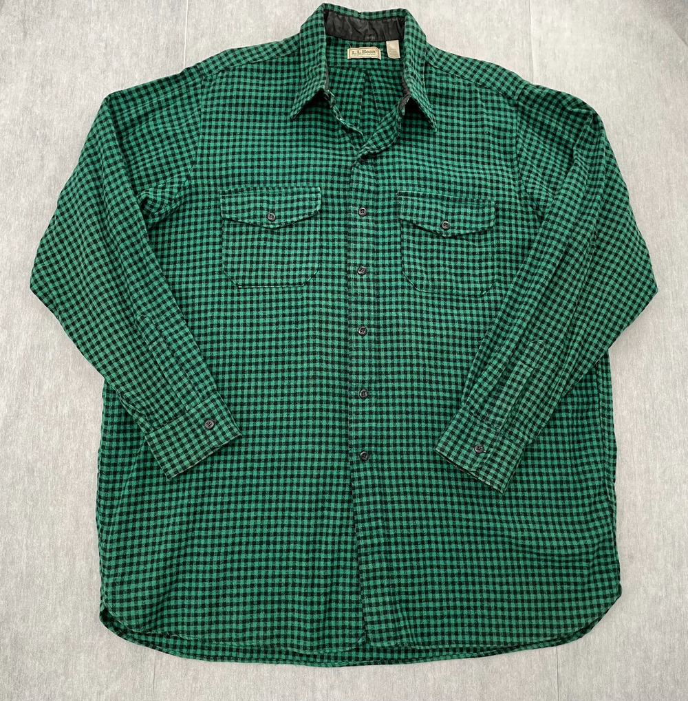 VINTAGE LL Bean Flannel Shirt Adult XL Green Plaid Lumberjack Wool Blend 70s 80s